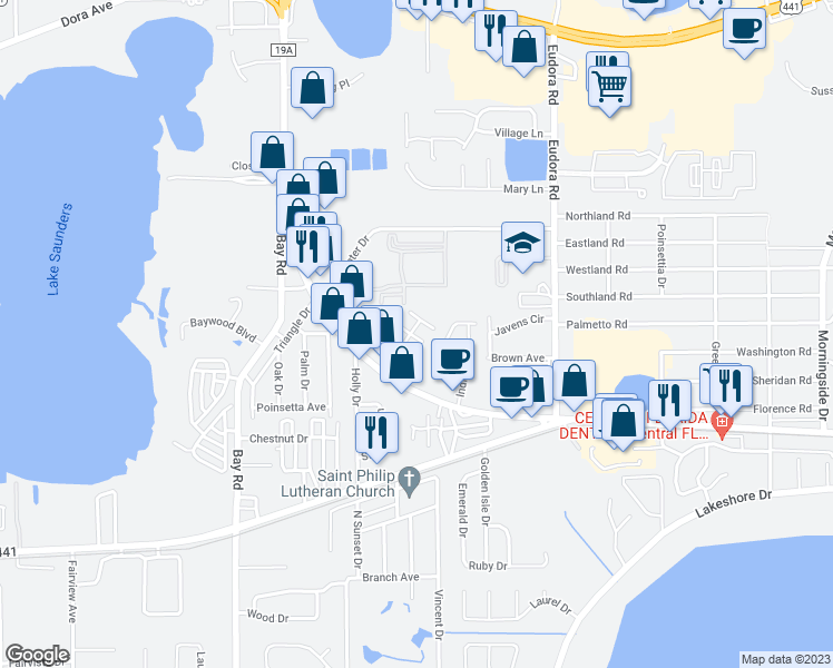 map of restaurants, bars, coffee shops, grocery stores, and more near 1500 Channel Drive in Mount Dora