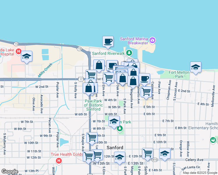 map of restaurants, bars, coffee shops, grocery stores, and more near 200 Myrtle Avenue in Sanford
