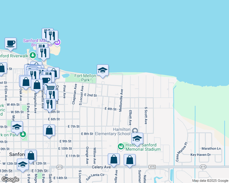 map of restaurants, bars, coffee shops, grocery stores, and more near 1302 East 2nd Street in Sanford