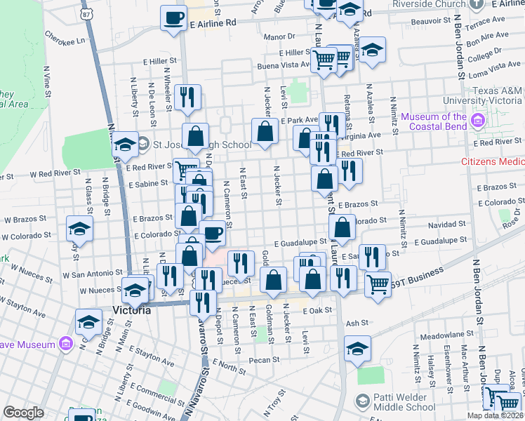 map of restaurants, bars, coffee shops, grocery stores, and more near 805 East Brazos Street in Victoria