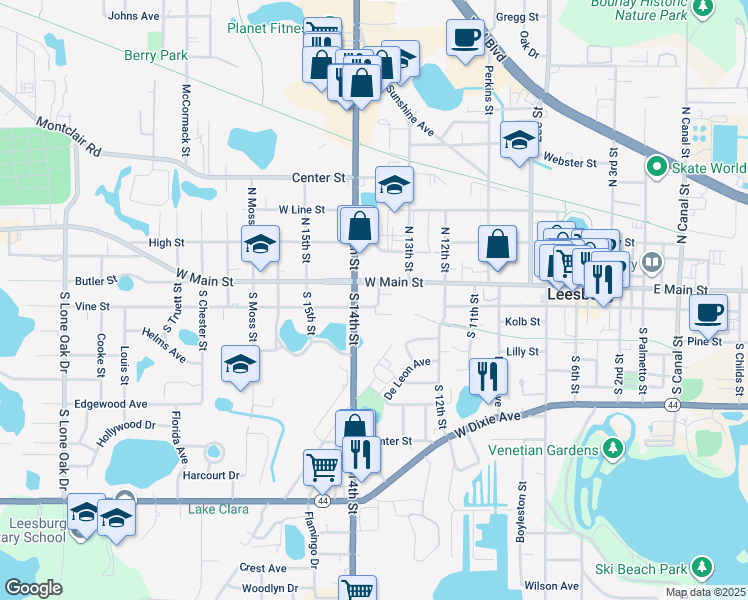map of restaurants, bars, coffee shops, grocery stores, and more near 109 Oak Avenue in Leesburg