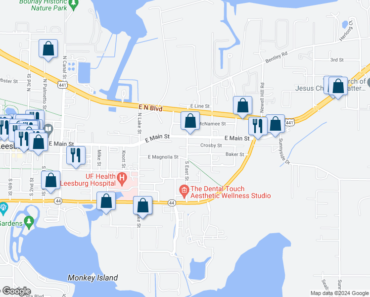 map of restaurants, bars, coffee shops, grocery stores, and more near 115 South East Street in Leesburg