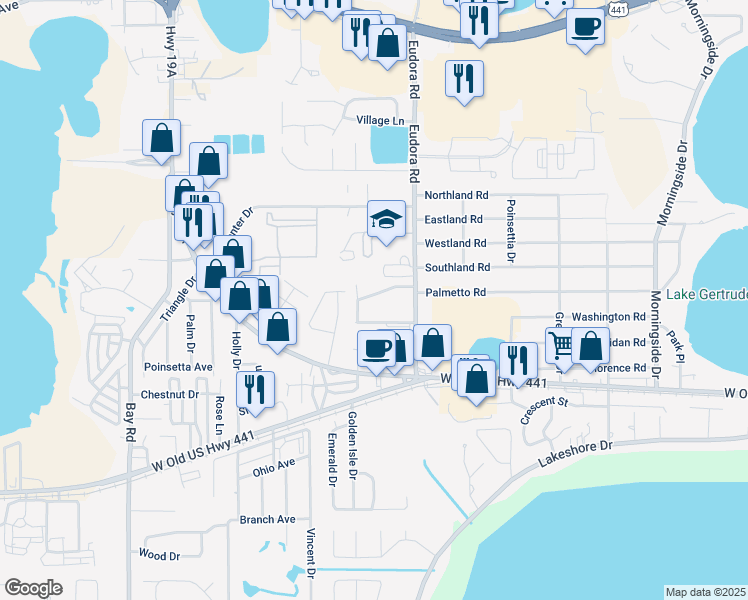 map of restaurants, bars, coffee shops, grocery stores, and more near 3001 Javens Circle in Mount Dora