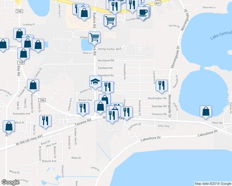 map of restaurants, bars, coffee shops, grocery stores, and more near 2736 Palmetto Road in Mount Dora
