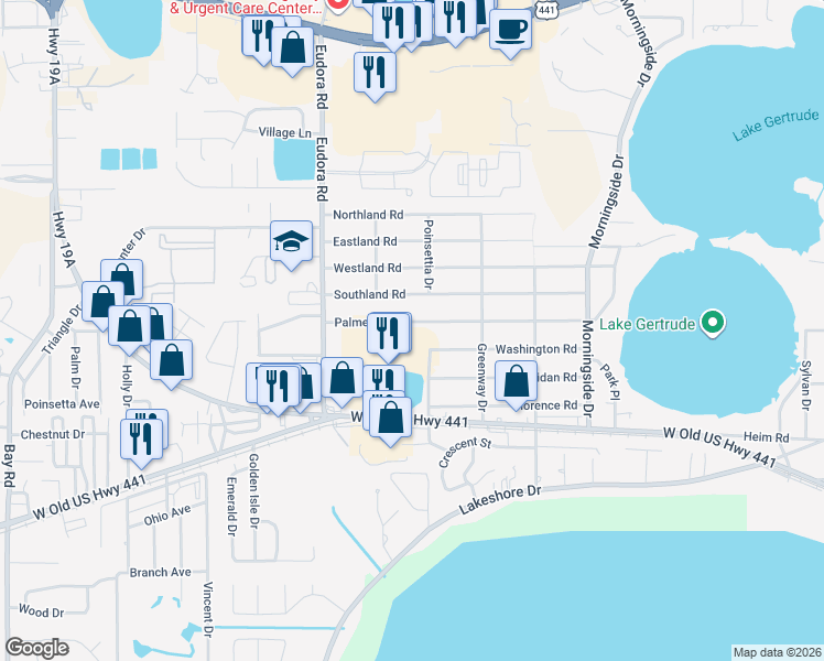 map of restaurants, bars, coffee shops, grocery stores, and more near 2736 Palmetto Road in Mount Dora