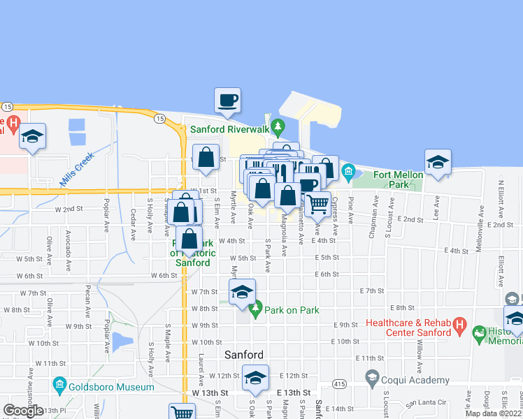 map of restaurants, bars, coffee shops, grocery stores, and more near 105 West 2nd Street in Sanford