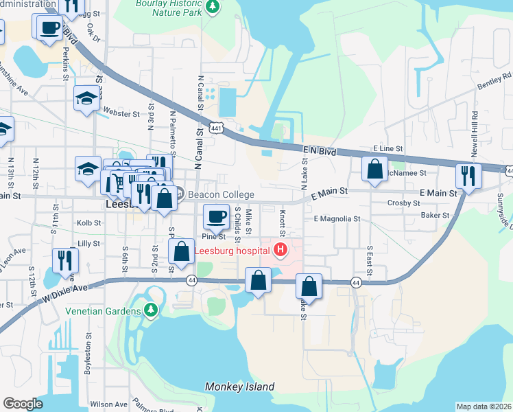 map of restaurants, bars, coffee shops, grocery stores, and more near 517 East Main Street in Leesburg