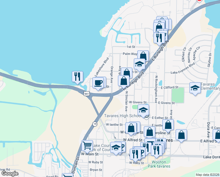 map of restaurants, bars, coffee shops, grocery stores, and more near 917 Orange Avenue in Tavares