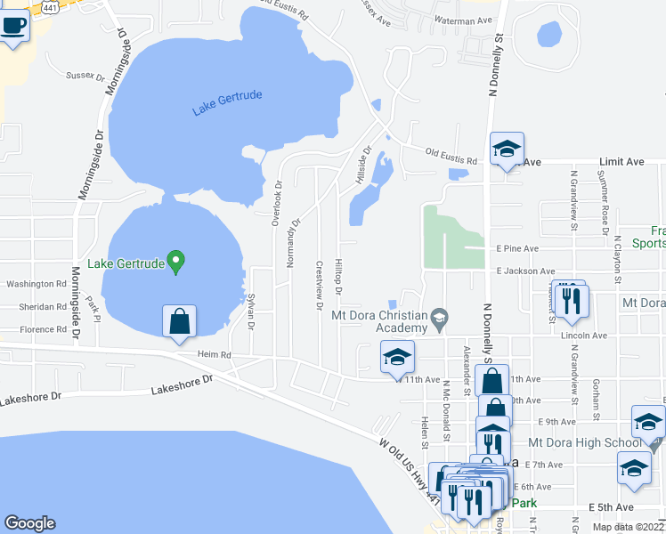 map of restaurants, bars, coffee shops, grocery stores, and more near 1607 Hilltop Drive in Mount Dora