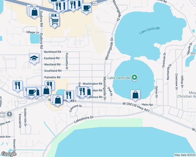 map of restaurants, bars, coffee shops, grocery stores, and more near 2130 Palmetto Road in Mount Dora