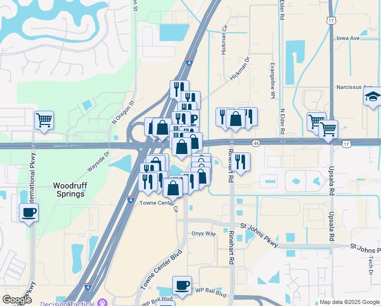 map of restaurants, bars, coffee shops, grocery stores, and more near 2 Towne Center Boulevard in Sanford