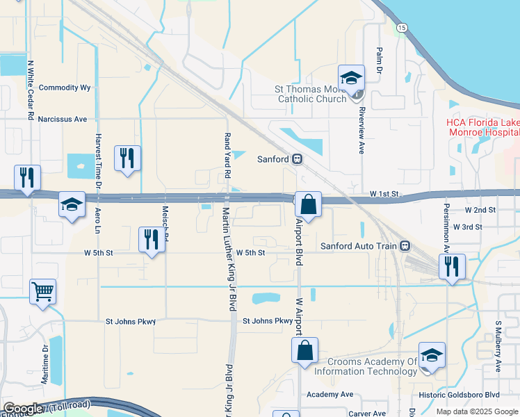 map of restaurants, bars, coffee shops, grocery stores, and more near 46 Shore in Sanford
