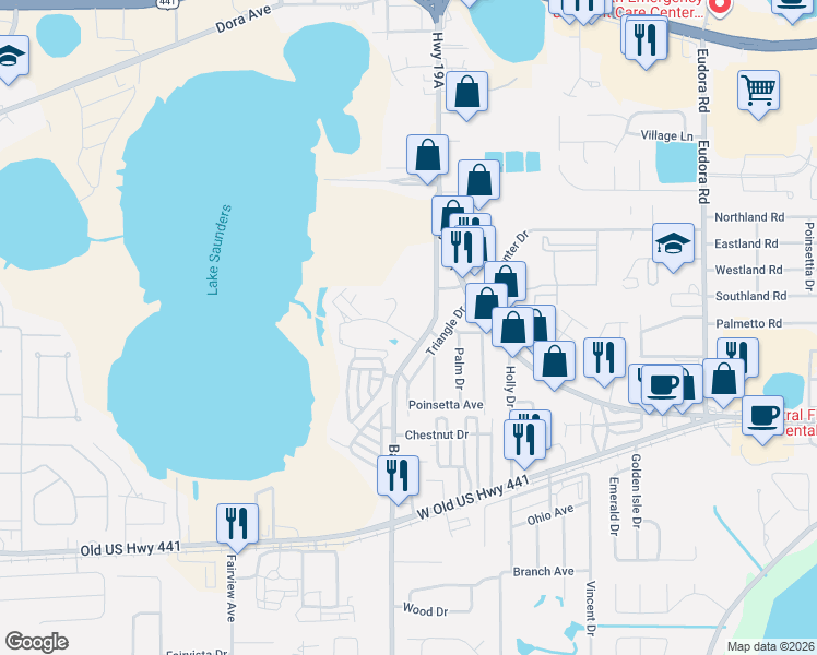map of restaurants, bars, coffee shops, grocery stores, and more near 1495 Bay Road in Mount Dora