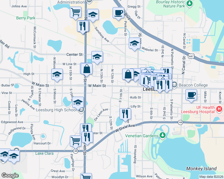 map of restaurants, bars, coffee shops, grocery stores, and more near 1100 West Magnolia Street in Leesburg