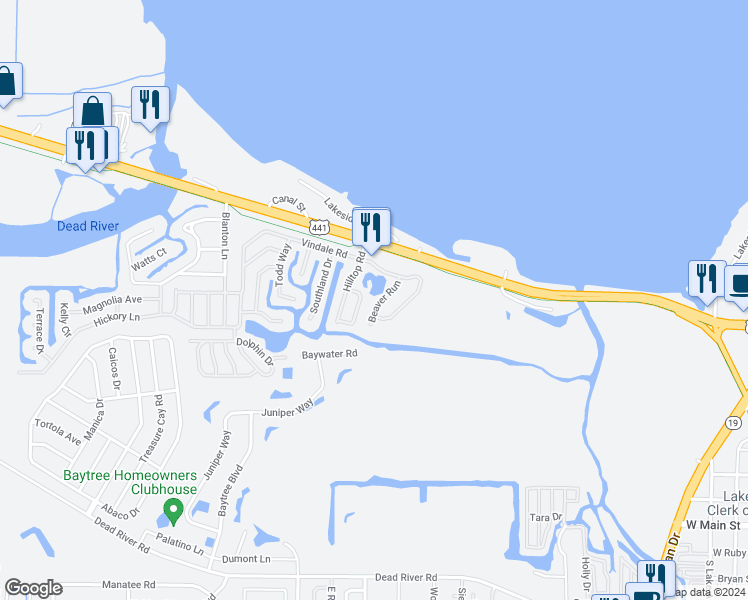 map of restaurants, bars, coffee shops, grocery stores, and more near 951 Beaver Run in Tavares
