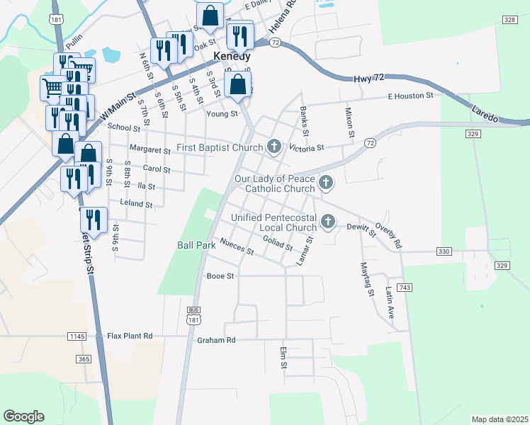 map of restaurants, bars, coffee shops, grocery stores, and more near 821 Saint Mary's Street in Kenedy