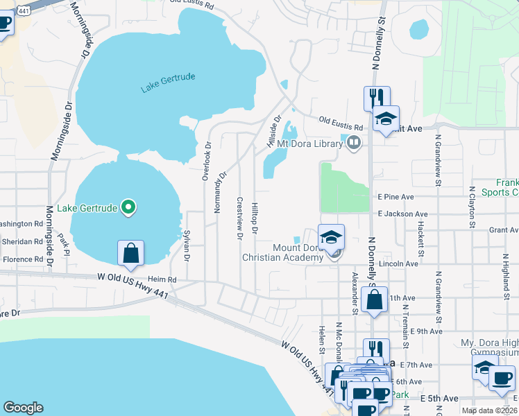 map of restaurants, bars, coffee shops, grocery stores, and more near 1604 Hilltop Drive in Mount Dora