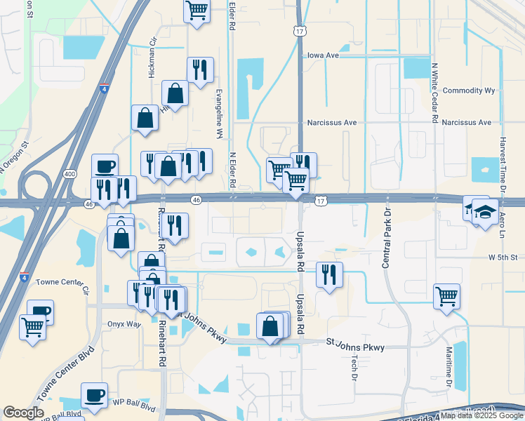 map of restaurants, bars, coffee shops, grocery stores, and more near 165 Elder Rd in Sanford