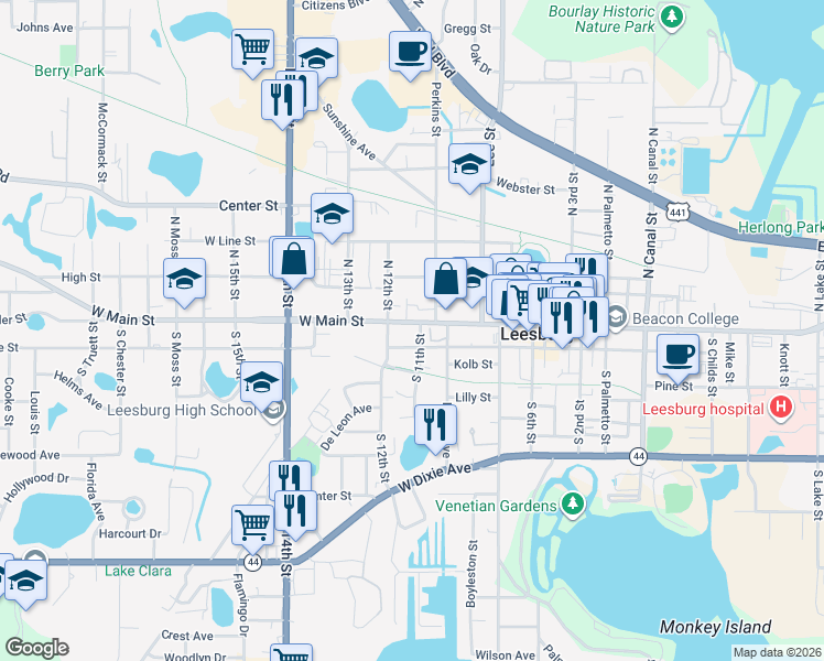 map of restaurants, bars, coffee shops, grocery stores, and more near 101 South 11th Street in Leesburg