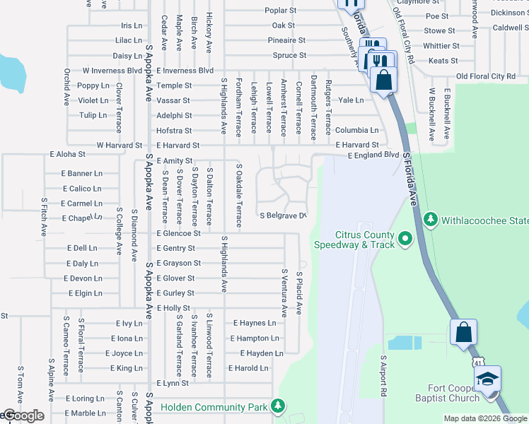 map of restaurants, bars, coffee shops, grocery stores, and more near 3569 South Belgrave Drive in Inverness