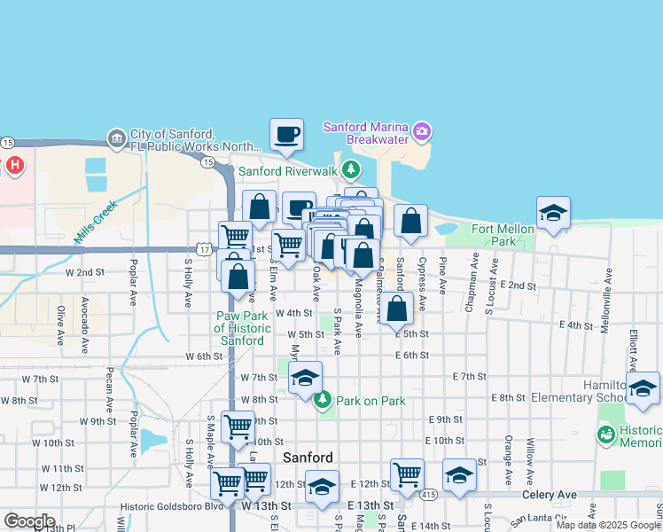 map of restaurants, bars, coffee shops, grocery stores, and more near 105 West 2nd Street in Sanford