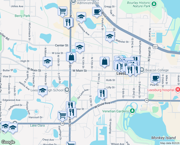 map of restaurants, bars, coffee shops, grocery stores, and more near 1100 West Magnolia Street in Leesburg