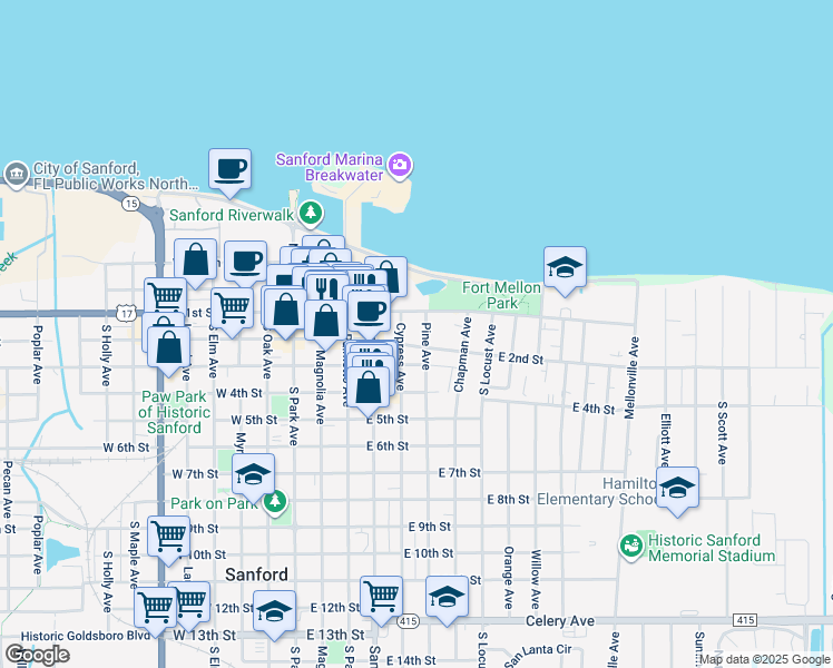map of restaurants, bars, coffee shops, grocery stores, and more near 519 East 1st Street in Sanford