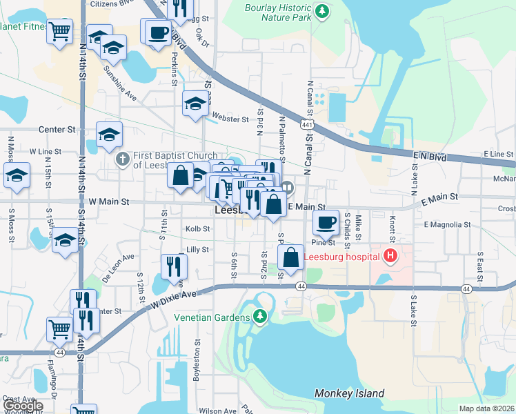 map of restaurants, bars, coffee shops, grocery stores, and more near 114 South 2nd Street in Leesburg