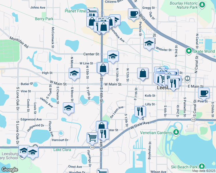 map of restaurants, bars, coffee shops, grocery stores, and more near 109 Oak Avenue in Leesburg