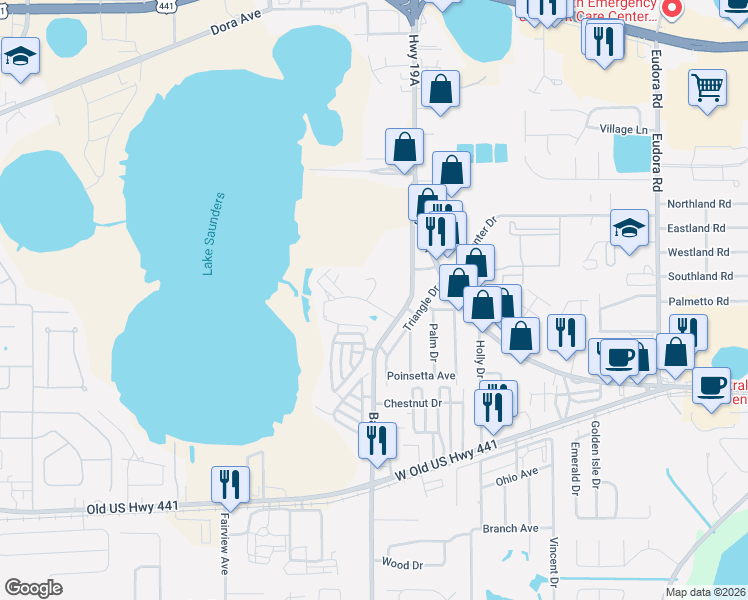 map of restaurants, bars, coffee shops, grocery stores, and more near 1495 Bay Road in Mount Dora