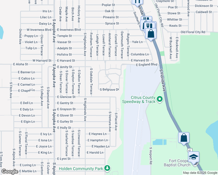 map of restaurants, bars, coffee shops, grocery stores, and more near 3535 South Belgrave Drive in Inverness
