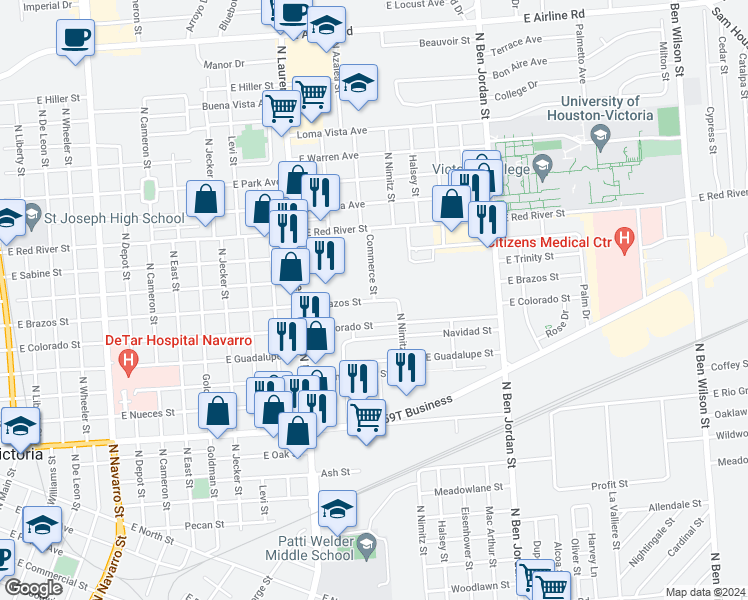 map of restaurants, bars, coffee shops, grocery stores, and more near 1901 Commerce Street in Victoria