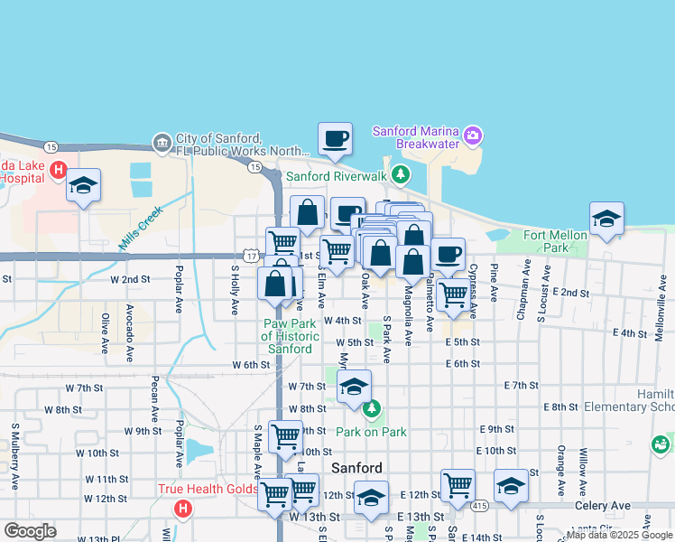 map of restaurants, bars, coffee shops, grocery stores, and more near 200 Myrtle Avenue in Sanford