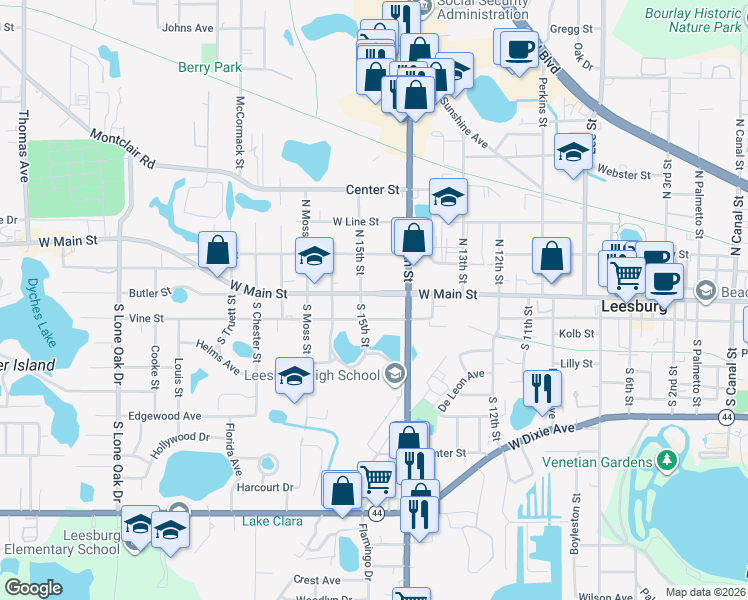 map of restaurants, bars, coffee shops, grocery stores, and more near 1423 West Main Street in Leesburg