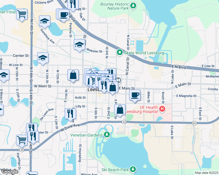 map of restaurants, bars, coffee shops, grocery stores, and more near 114 South 2nd Street in Leesburg