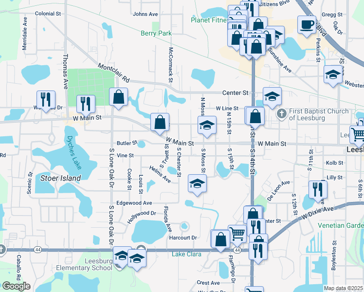 map of restaurants, bars, coffee shops, grocery stores, and more near 110 South Chester Street in Leesburg