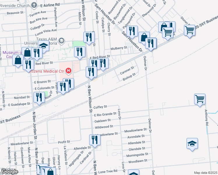 map of restaurants, bars, coffee shops, grocery stores, and more near 2402 North Ben Wilson Street in Victoria