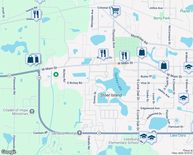 map of restaurants, bars, coffee shops, grocery stores, and more near 2515 Winona Avenue in Leesburg