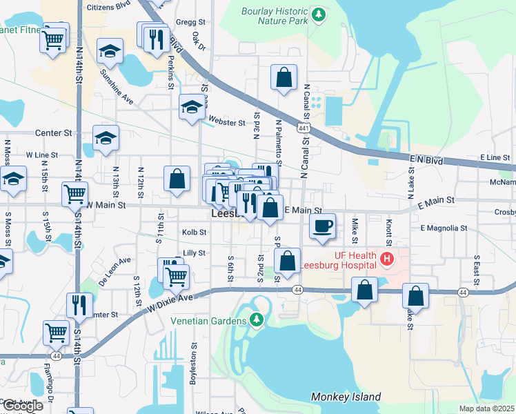 map of restaurants, bars, coffee shops, grocery stores, and more near 206 West Main Street in Leesburg