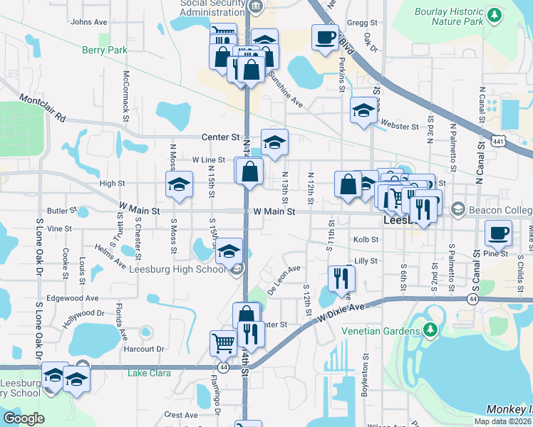 map of restaurants, bars, coffee shops, grocery stores, and more near 109 Oak Avenue in Leesburg