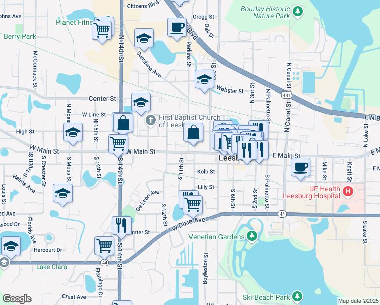 map of restaurants, bars, coffee shops, grocery stores, and more near 1031 West Magnolia Street in Leesburg