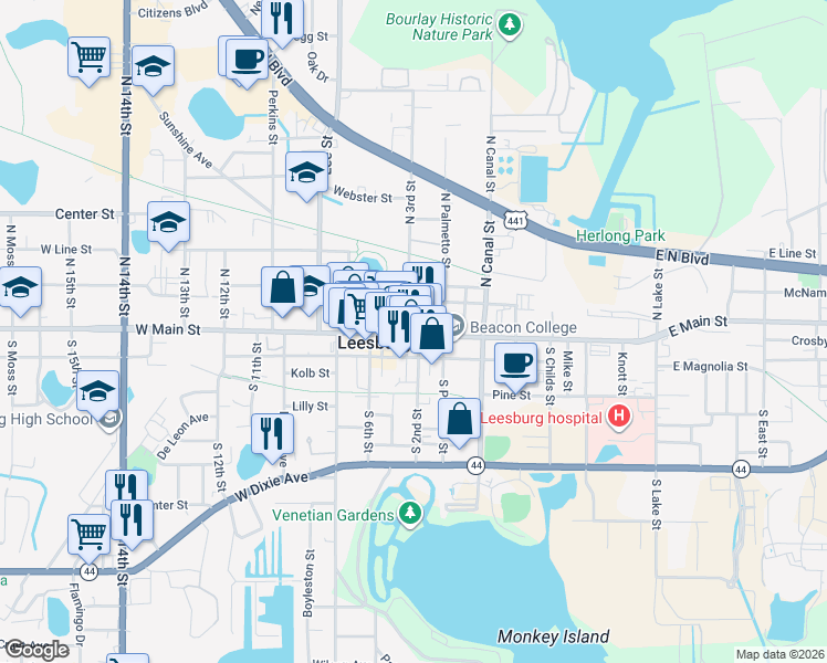 map of restaurants, bars, coffee shops, grocery stores, and more near 114 South 2nd Street in Leesburg