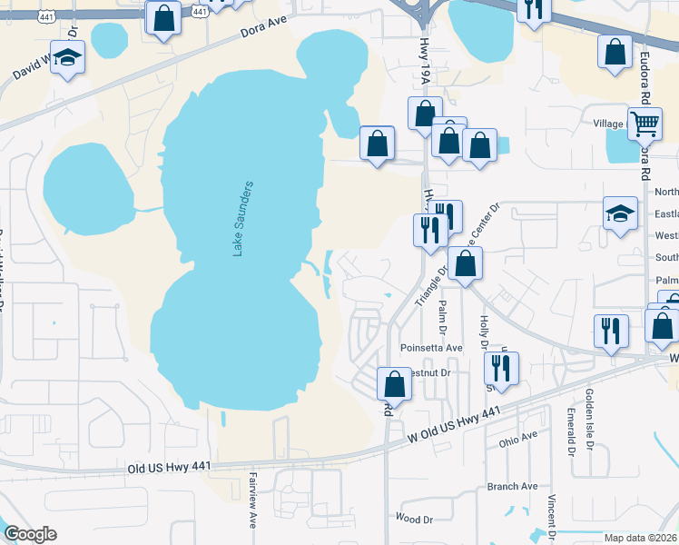 map of restaurants, bars, coffee shops, grocery stores, and more near 4300 Baywood Boulevard in Mount Dora