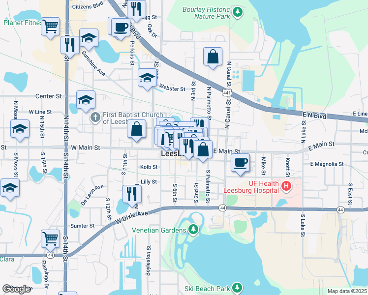 map of restaurants, bars, coffee shops, grocery stores, and more near 501 West Meadow Street in Leesburg