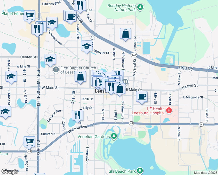 map of restaurants, bars, coffee shops, grocery stores, and more near 501 West Meadow Street in Leesburg