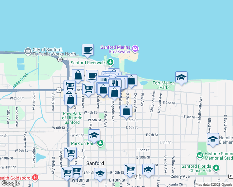 map of restaurants, bars, coffee shops, grocery stores, and more near in Sanford