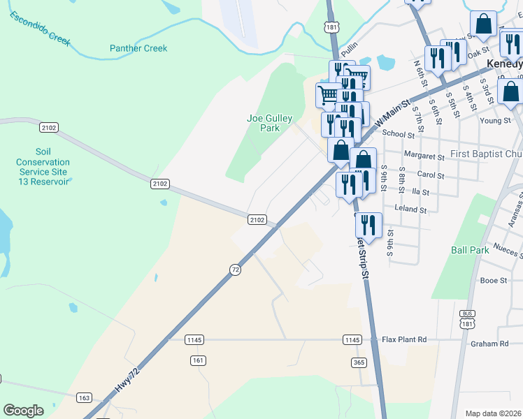 map of restaurants, bars, coffee shops, grocery stores, and more near 136 Robinhood in Kenedy