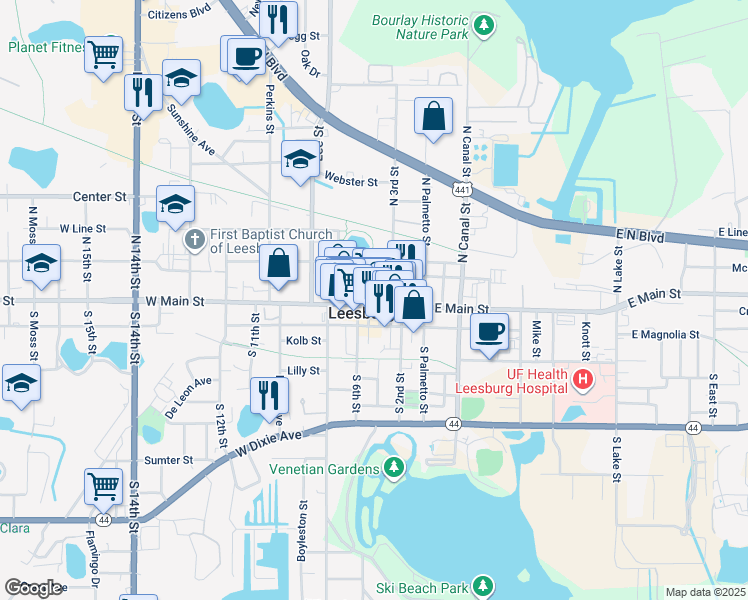 map of restaurants, bars, coffee shops, grocery stores, and more near 501 West Meadow Street in Leesburg