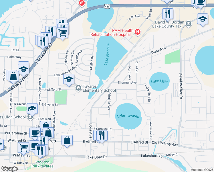 map of restaurants, bars, coffee shops, grocery stores, and more near 1007 Dora Avenue in Tavares