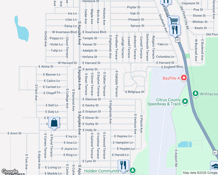 map of restaurants, bars, coffee shops, grocery stores, and more near 3444 South Highlands Avenue in Inverness